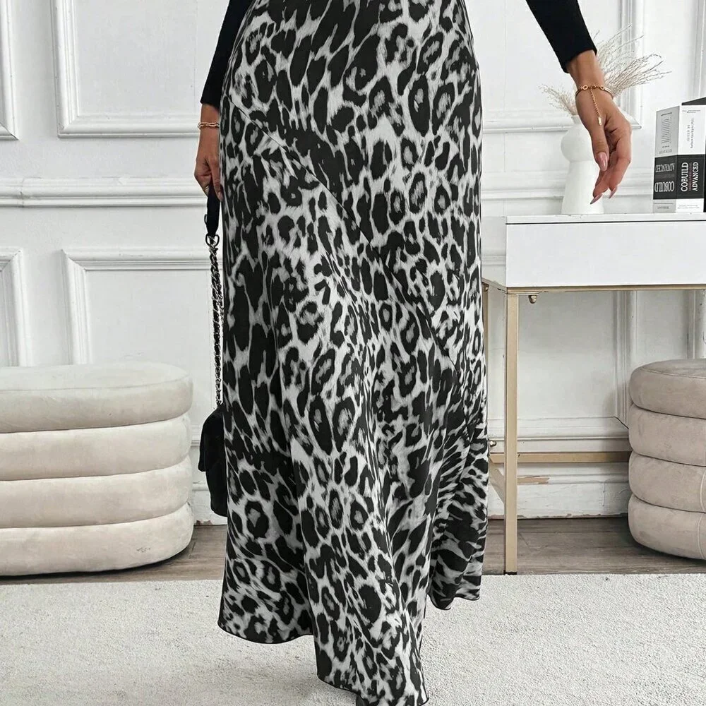 Multicolor Elegant Women's High Waist Leopard Print Maxi Length Skirt